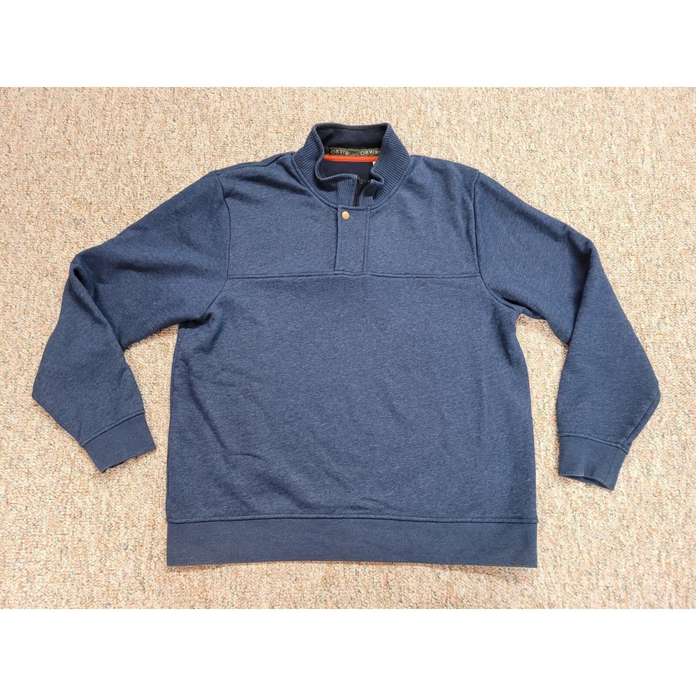 Orvis Pullover Sweatshirt Mens XL Blue Quarter Zip Snap Mock Neck Outdoor